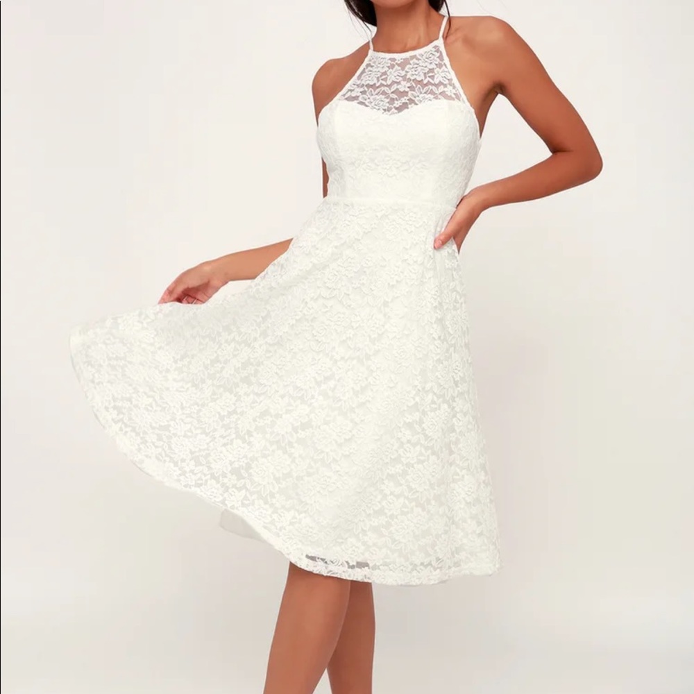 Lulu’s | My Kingdom White Lace Floral Halter Neck Midi Dress